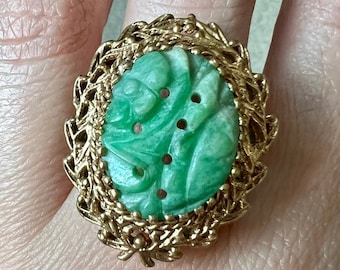 Vintage 14k Gold Carved Jadeite Jade Flower, Ornate Filigree Jewelry