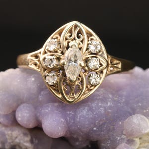 Vintage 14k Gold Marquise Diamond Ring: Art Deco Filigree Design