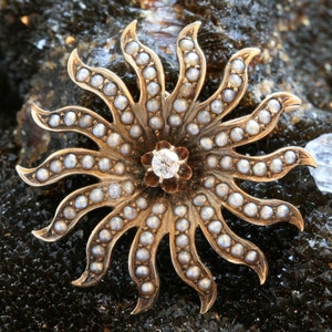 Antique 10k Gold Diamond Seed Pearl Brooch: C.D. Peacock Victorian Pin