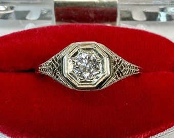 Art Deco 18k White Gold Filigree .36ct Old European Cut Diamond Engagement Ring