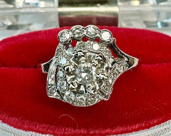 1940s Diamond Cocktail Ring: Vintage 14k White Gold Jewelry