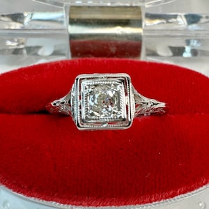 Antique Diamond Gold Ring, Edwardian Engagement Ring, 18k White Gold Filigree Ring, Antique Diamond Jewelry, .25ct Old Mine Cut Diamond Ring