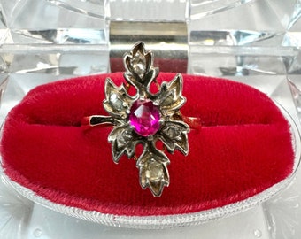 Antique Foil Back Rose Cut Diamond and Ruby Giardinetti Ring, Georgian Era 18k Gold Ring Jewelry