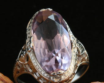 Antique Art Deco Designer Ostby Barton Amethyst Ring: 14k White Gold Filigree Jewelry