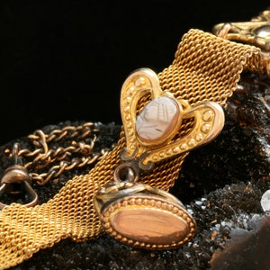 Antique Gold Chatelaine Fob, Victorian Cameo Watch Fob, Gold Plated Mesh Watch Chain, Antique Jewelry, Pocket Watch Chain with Dog Clip