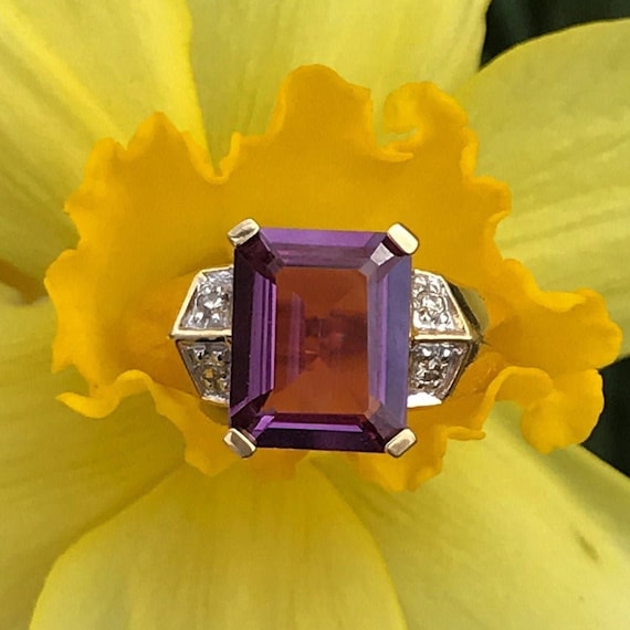 Vintage Gold Amethyst Ring, 10k Gold Diamond Ring… - image 1