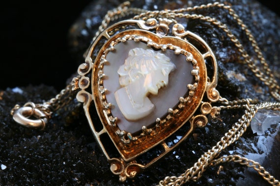 Gold Victorian Cameo Necklace, 14k Gold Mother of… - image 1