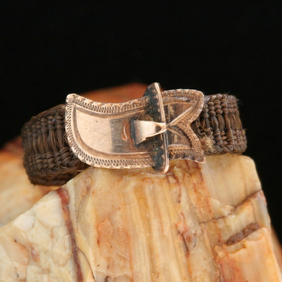 Antique 9kt Gold Buckle Mourning Ring: Victorian Braided Hair Memento Mori