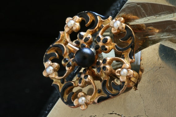 Gold Antique Enamel Brooch, 14k Gold Seed Pearl an