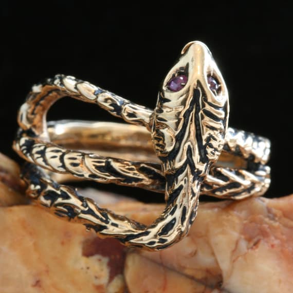 Antique Gold Snake Ring, Ruby Serpent Snake Ring,… - image 1