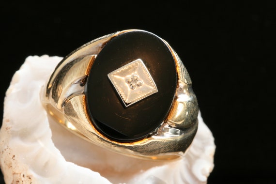 Vintage Men's 14K Gold Onyx, Goldstone & Diamond Ring – Acanthus