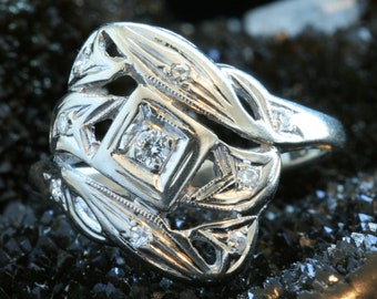Antique Art Deco Diamond Ring: 14k White Gold Shield Filigree Jewelry