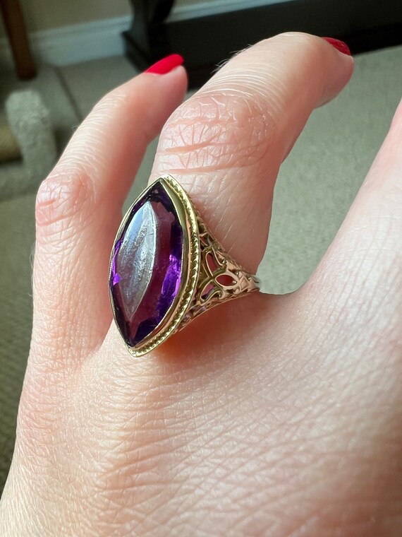 Antique Gold Filigree Ring, Art Deco Amethyst Pas… - image 9