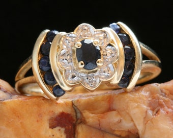 Vintage 10k Gold Sapphire Flower Ring with Diamond Accents