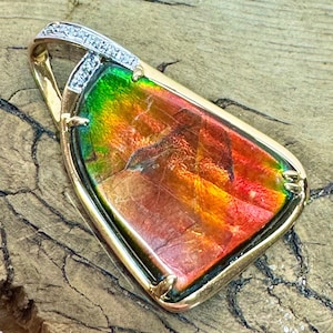 Vintage 14k Gold Ammolite Pendant: Alberta Ammonite Fossil & Diamond Jewelry