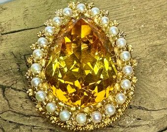 Vintage 14k Gold 26.71ct Natural Citrine Pendant Enhancer: Pear Cut Seed Pearl Statement Jewelry