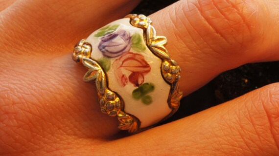 Gold Antique Enamel Ring, Gold Over Silver Enamel… - image 9