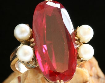 Antique 14k Gold 10.3ct Ruby & Pearl Cocktail Ring
