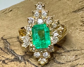 Diamond Emerald Ballerina Ring, 2.28ctw Natural Emerald and Diamond Ring, 14k Gold Jewelry, Vintage Cocktail or Engagement Ring