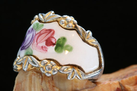 Gold Antique Enamel Ring, Gold Over Silver Enamel… - image 3