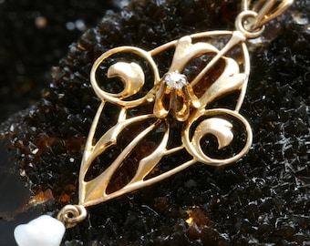 Victorian 10k Gold Lavalier Pendant: Antique Diamond & Pearl