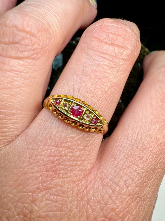 Antique Edwardian 18k Gold Ruby Diamond Ring, Bri… - image 8
