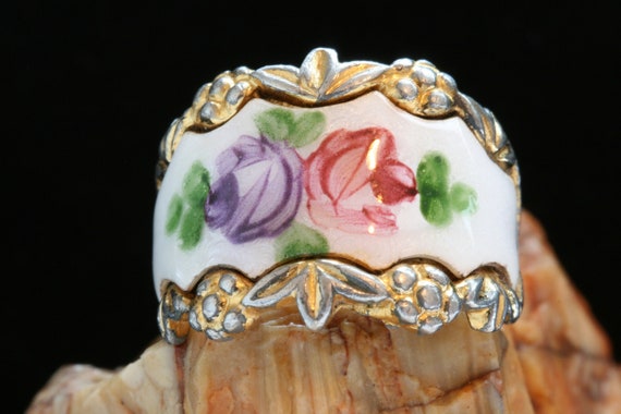 Gold Antique Enamel Ring, Gold Over Silver Enamel… - image 1