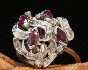 Art Deco Palladium Ring: Diamond & Ruby Cocktail Ring, 1920s