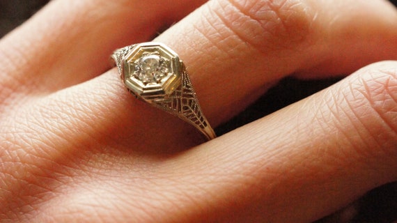 Antique Diamond Gold Ring, Art Deco Engagement Ri… - image 7