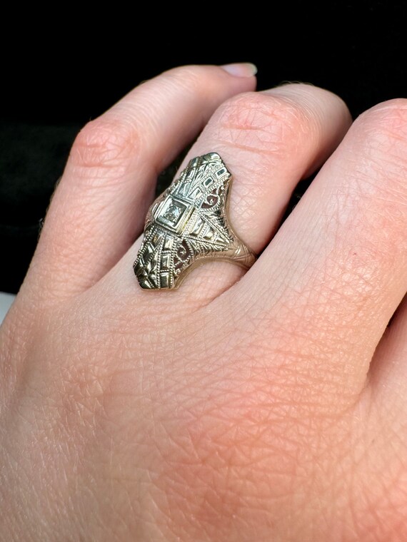 Gold Antique Diamond Ring, 14k White Gold, .04ct … - image 9