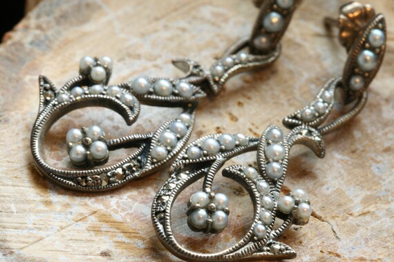 Silver Pearl Vintage Earrings, Sterling Silver Nat