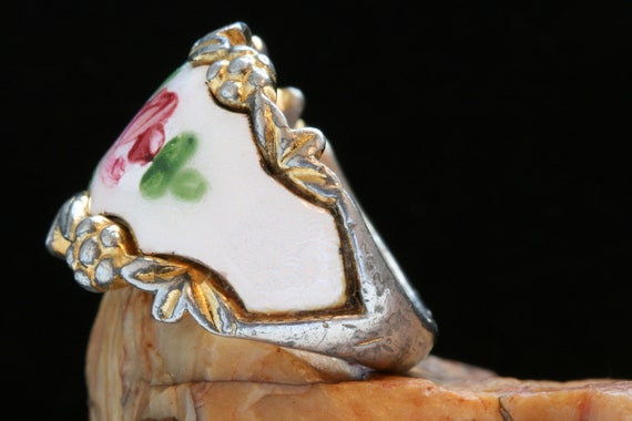 Gold Antique Enamel Ring, Gold Over Silver Enamel… - image 5