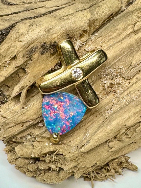 Vintage Opal Diamond Pendant, 14k Gold Doublet Opa