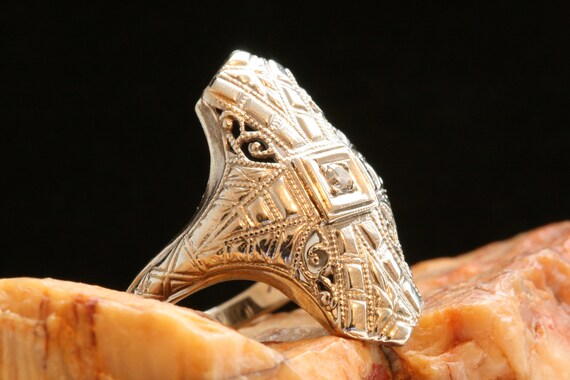 Gold Antique Diamond Ring, 14k White Gold, .04ct … - image 5