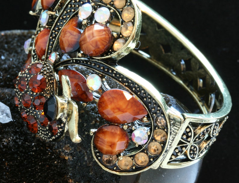 Metal Alloy Orange Beads and Rhinestones Vintage Peacock Animal Bangle Bracelet Rhinestone Peacock Bangle Bracelet