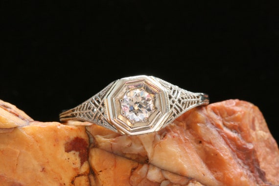 Antique Diamond Gold Ring, Art Deco Engagement Ri… - image 2