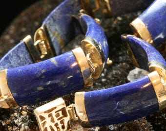 Vintage 10k Gold Lapis Lazuli Link Bracelet: Rare Chinese Jewelry
