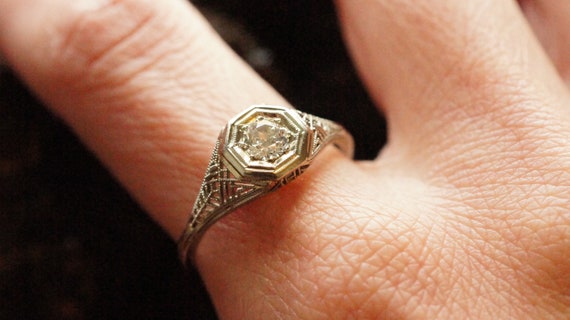 Antique Diamond Gold Ring, Art Deco Engagement Ri… - image 10