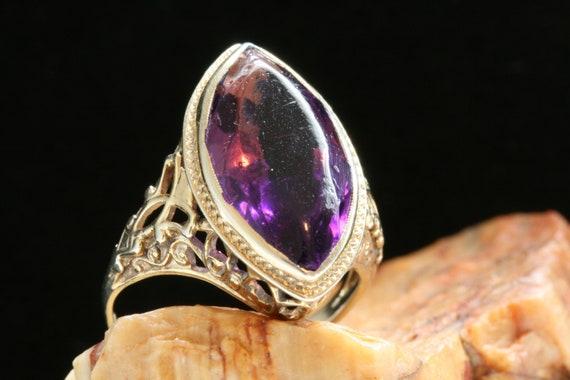 Antique Gold Filigree Ring, Art Deco Amethyst Pas… - image 3