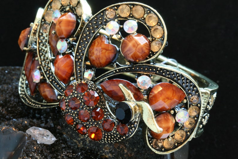 Metal Alloy Orange Beads and Rhinestones Vintage Peacock Animal Bangle Bracelet Rhinestone Peacock Bangle Bracelet