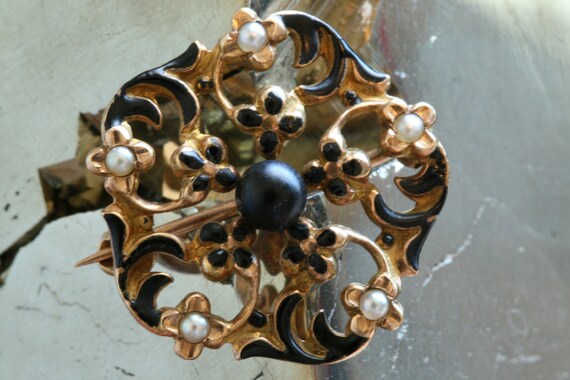Gold Antique Enamel Brooch, 14k Gold Seed Pearl an