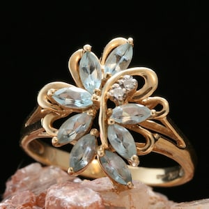 Vintage 10k Gold Blue Topaz Floral Ring with Diamond Accents