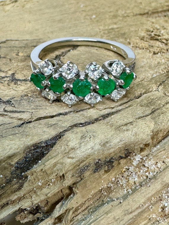 1940s Diamond Emerald Band, 18k White Gold Ring, .