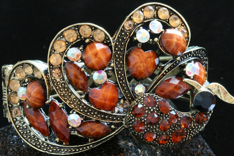 Metal Alloy Orange Beads and Rhinestones Vintage Peacock Animal Bangle Bracelet Rhinestone Peacock Bangle Bracelet