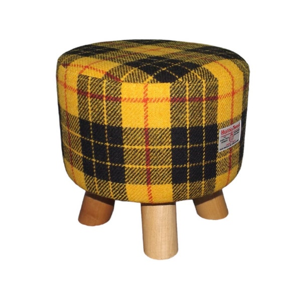 SMALL (28cm D x 28cm H) Round Footstool with 4 Wooden Legs Hand Covered with Yellow LOUD MACLEOD of Lewis Tartan Harris Tweed Cover