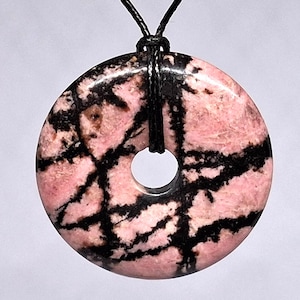 RHODONITE, Rhodonite stone, pendant hole stone, pink-black, donut pendant