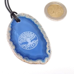 Agate pendant with tree of life, blue sliced agate