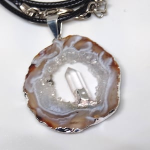 flamed agate geode with rock crystal, agate pendant with rock crystal tip, silver-plated