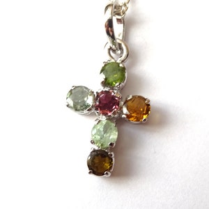 Tourmaline cross pendant made of 925 silver with 925 silver chain, multi-colored tourmalines