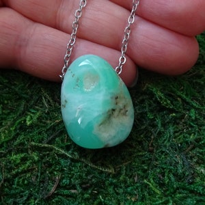 beautiful light green chrysoprase with stainless steel chain.